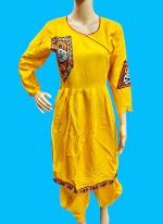 Rayon Yellow Navratri Wear Gamthi Work Readymade Kurti With Dhoti